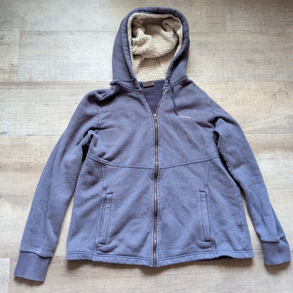 Columbia Women's XL Full Zip Sherpa Lined Hoodie Blue Fleece Jacket Pockets